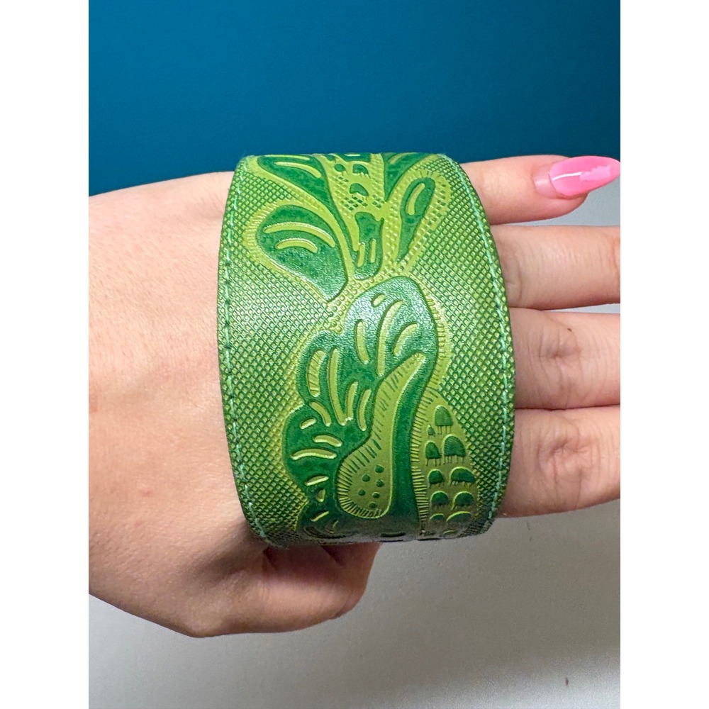 Green Tooled Leather Cuff Bracelet Wide Floral Embossed Bangle Boho
